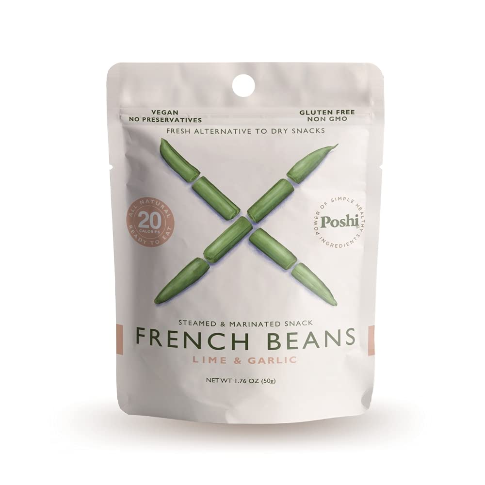 POSHI French Green Bean Vegetable Snack | Lemon + Garlic | Keto, Vegan, Paleo, Non GMO, Low Carb + Calorie, Gluten Free, Marinated + Steamed Cuts, Gourmet, Healthy, Natural (10 Pack, 1.76 oz)