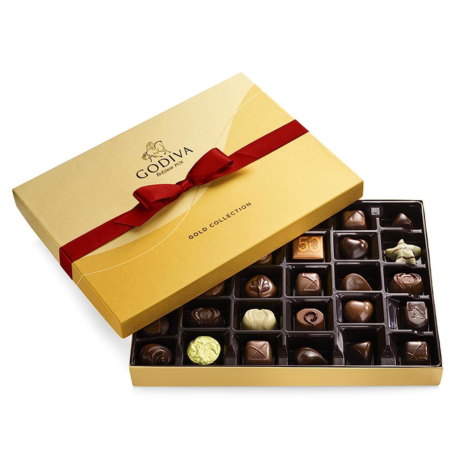 Godiva Chocolatier Holiday Gift Box with Red Ribbon 36 Piece Assorted Milk, White and Dark Chocolate with Gourmet Fillings - Special Gold Ballotin Gift for Chocolate Lovers