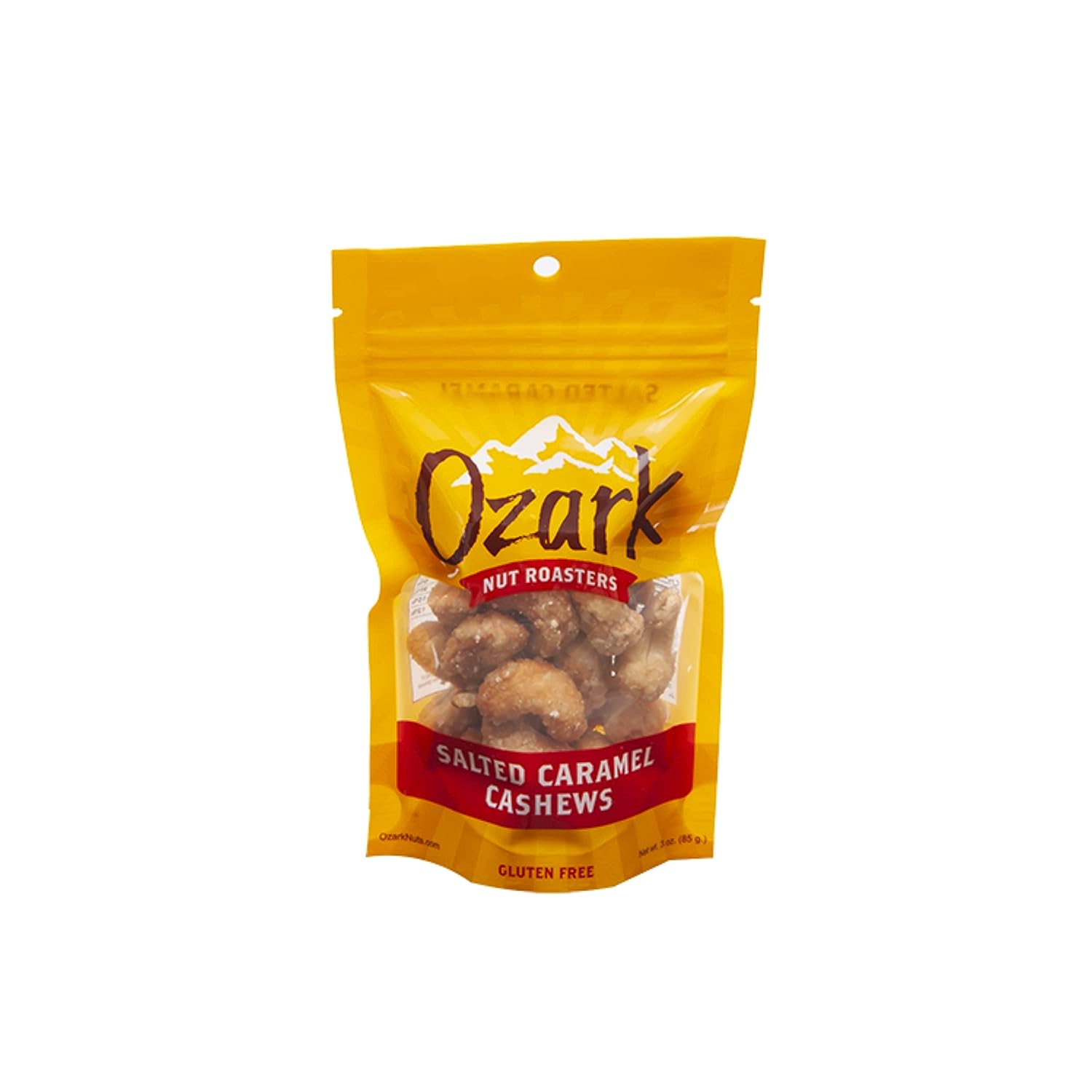 OZARK NUT ROASTERS, Salted Carmel Cashews, Flavored Snack Nuts, World-Class Gourmet Candied Peanuts, 3 Ounces Resealable Pack