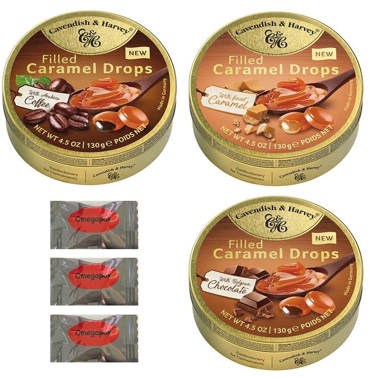 Cavendish And Harvey Hard Sanded Drops with Omegapak Starlight Mints, Imported German Candy Bundles of 3 Tins, 130g / 4.5 Ounces Each (Caramel, Chocolate, Coffee)