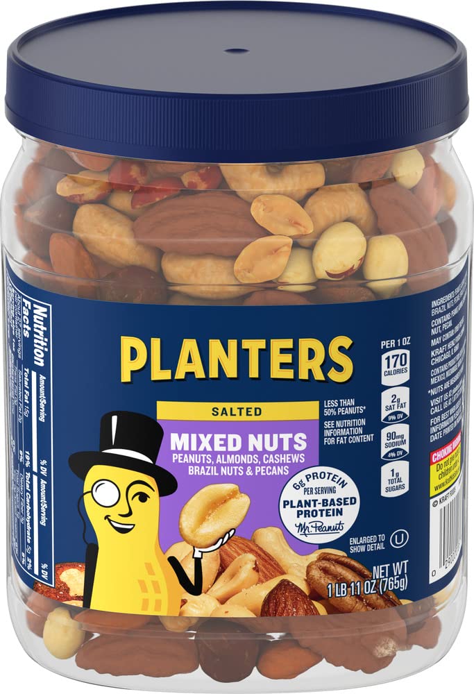 PLANTERS Mixed Nuts, Salted, 27 oz, Resealable Jar - Salted Nuts with Less than 50% Peanuts^ (*Nuts are Measured by Weight), Almonds, Cashews, Hazelnuts & Pecans - Kosher