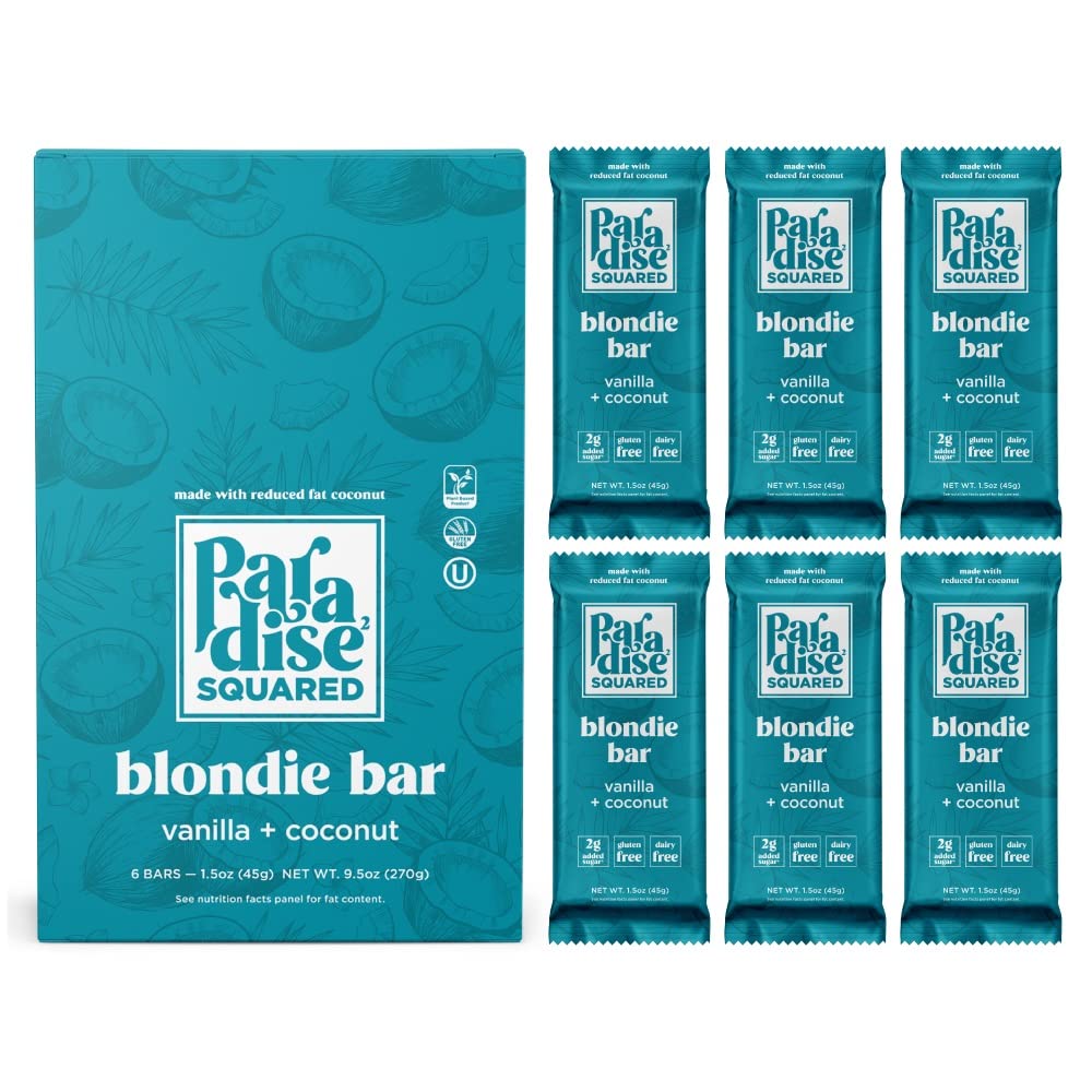 Paradise Squared Blondie Bar, Vanilla + Coconut | Simple, Delicious, and Wholesome Indulgent Snack | Gluten-Free, Dairy-Free, Non-GMO | 6 Pack of 45g Individually Wrapped Bars