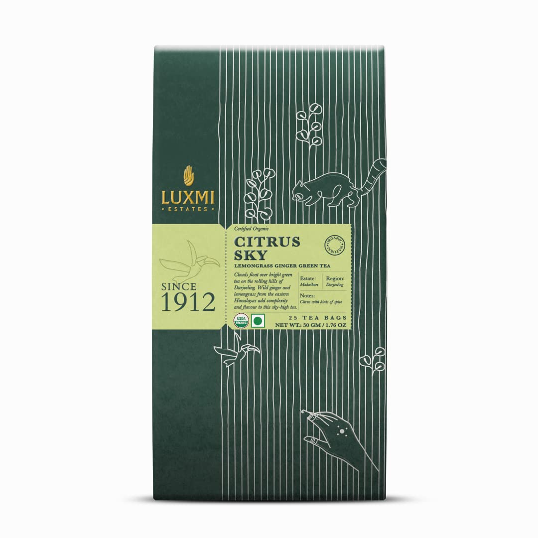 Luxmi Estates Citrus Sky Lemongrass Ginger Green Tea 25 Tea Bags (50g) Pack | Certified Organic Darjeeling Green Tea | Citrus Flavor & Aroma | Natural Lemon Balm Tea - Calming