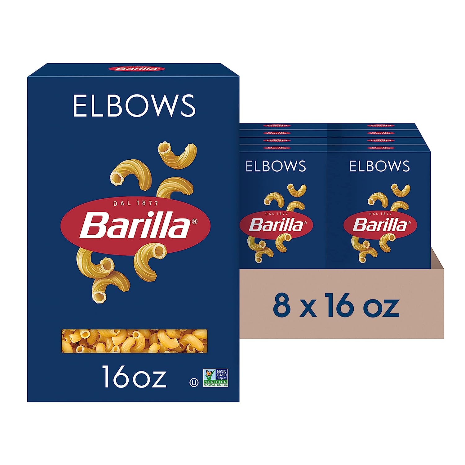 Barilla Elbows Pasta, 16 oz. Box (Pack of 8) - Non-GMO Pasta Made with Durum Wheat Semolina - Kosher Certified Pasta