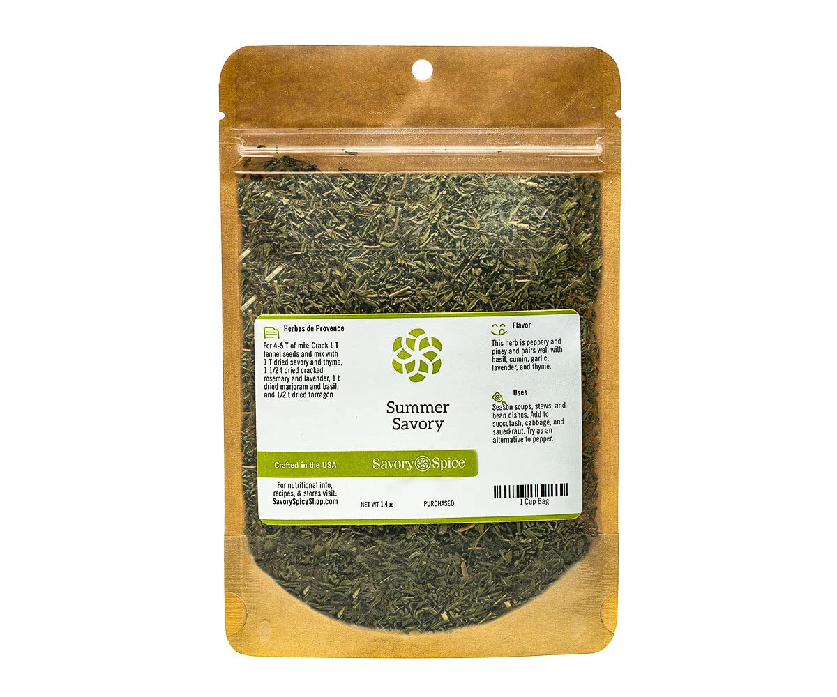 Savory Spice Summer Savory Seasoning - Dried Savory Leaves | Add Summer Savory Herb & Subtle Peppery Flavor to Soups & Stews - 1 Cup Bag (Net: 1.4 oz)