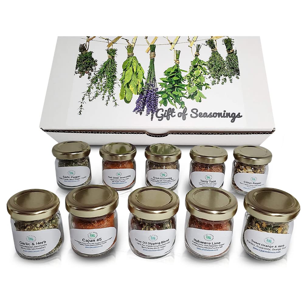 C&J Farms Texas Gourmet Artisan Seasonings Gift of Seasonings Gift Set- 10 Pc. Variety Sampler Box- Natural Herbs