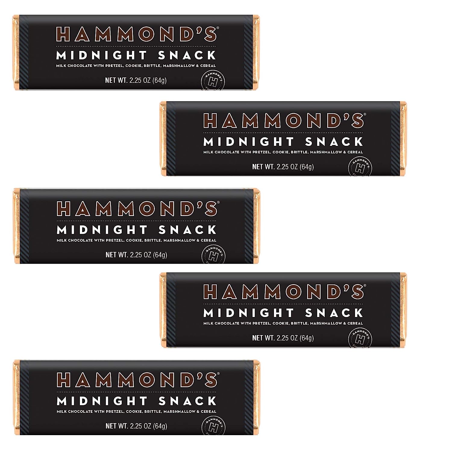 Hammond's Candies Gourmet Chocolate Candy Bars Midnight Snack | Sweet Milk Chocolate, Pretzel, Cookie, Brittle, Marshmallow & Cereal, Certified Kosher, Handcrafted in the USA | Pack of 5