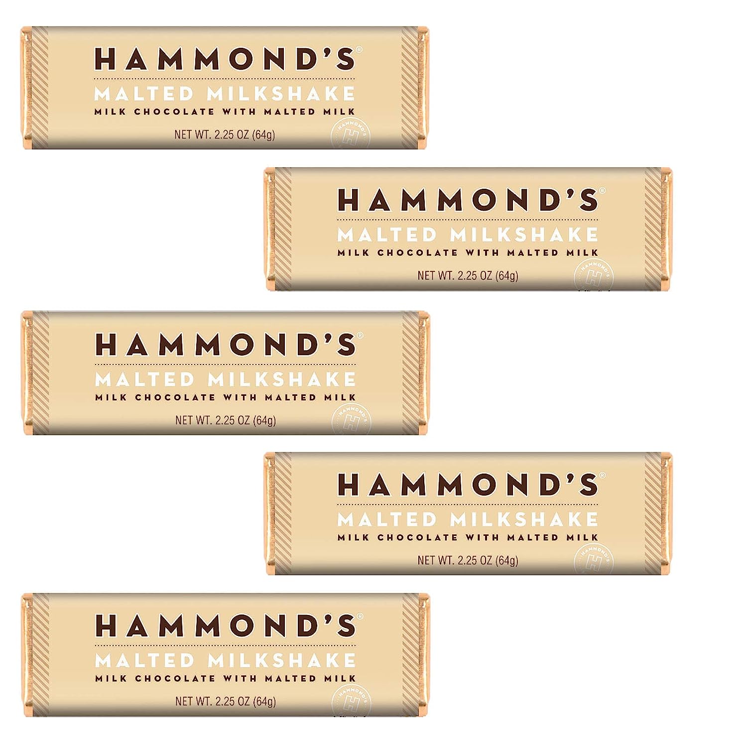 Hammond's Candies Gourmet Chocolate Candy Bars Malted Milkshake | Sweet Milk Chocolate with Malted Milk, Certified Kosher, Handcrafted in the USA | Pack of 5