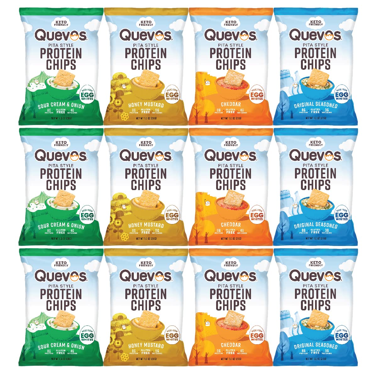 Quevos Pita Style Protein Chips - Original Low Carb Egg Chips, Crunchy Flavorful Protein & High Fiber Keto Snacks, Atkins Friendly, Gluten Free, Protein Crisp, Low Carb Chips - Best Sellers Variety, 1 Oz (Pack of 12)