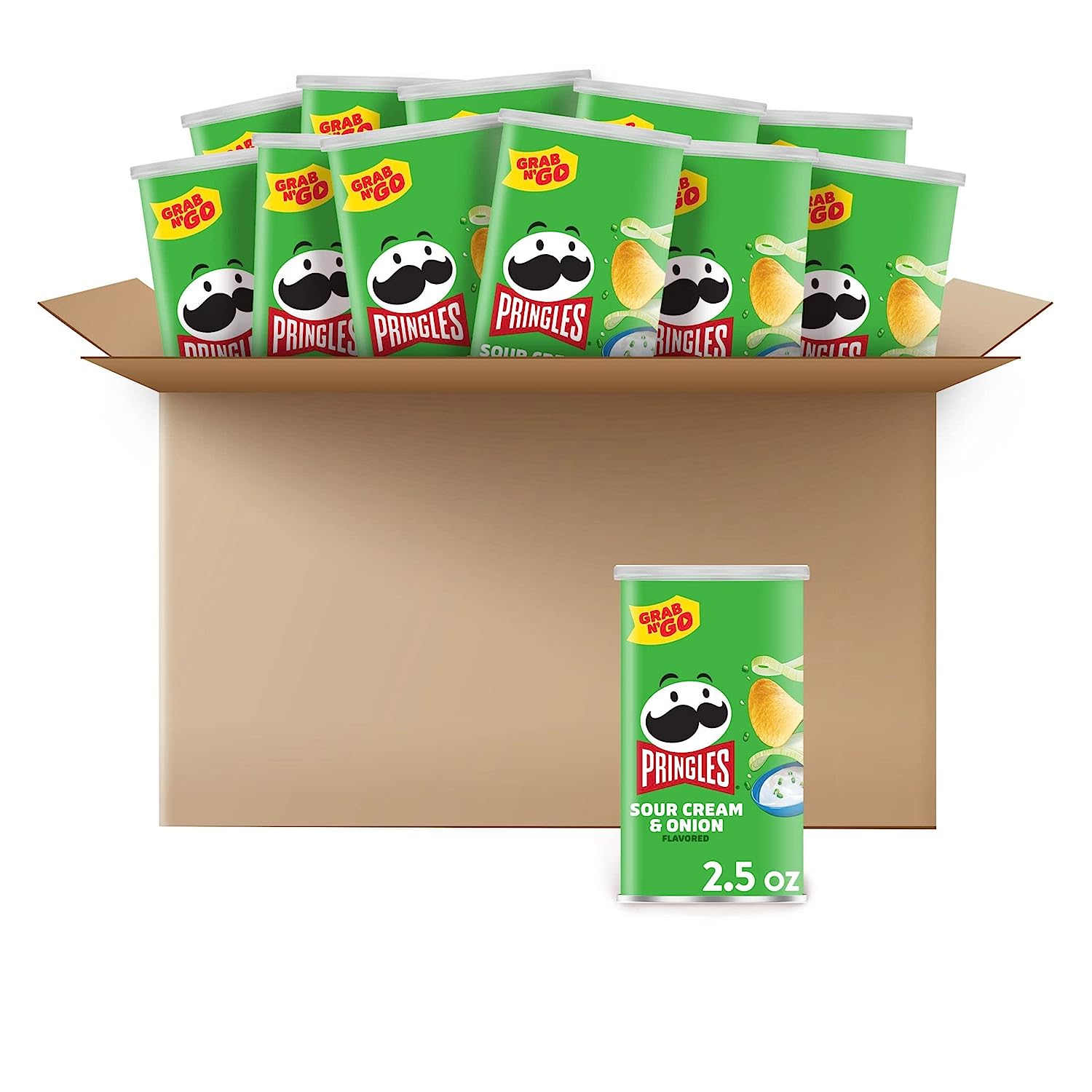 Pringles Potato Crisps Chips, Lunch Snacks, Office and Kids Snacks, Grab N' Go, Sour Cream and Onion (12 Cans)