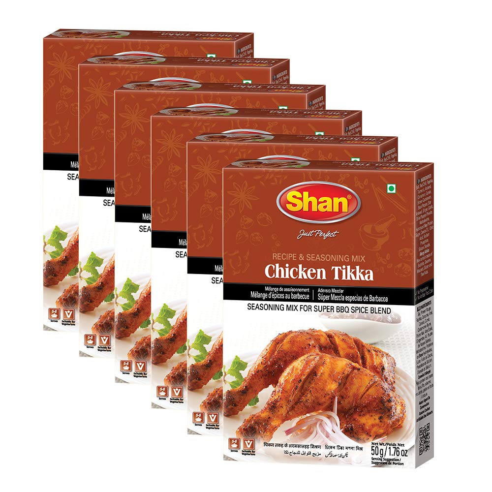 Shan Chicken Tikka Recipe and Seasoning Mix 1.76 oz (50g) - Spice Powder for Super BBQ Spice Blends - Suitable for Vegetarians - Airtight Bag in a Box (Pack of 6)