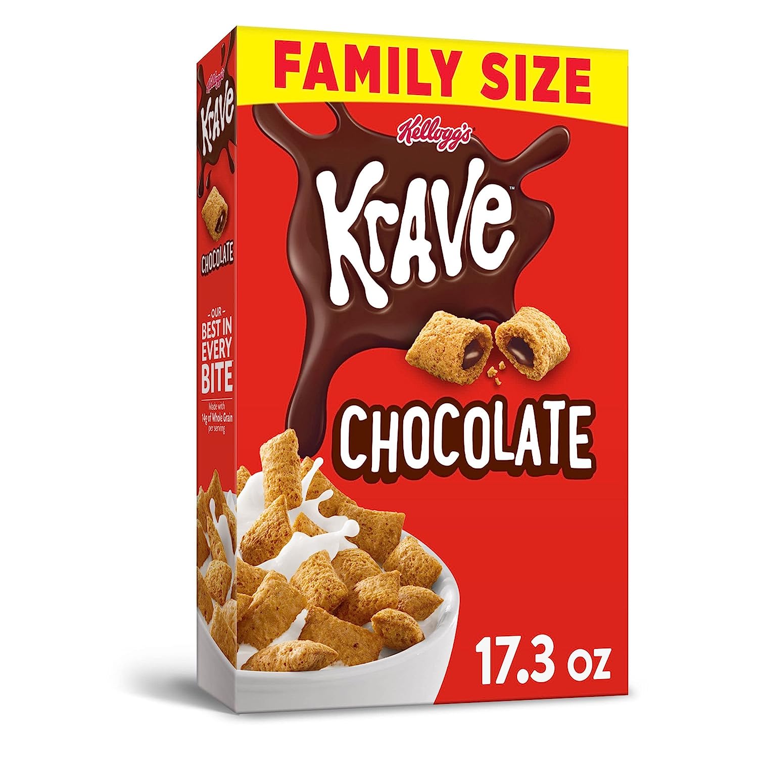 Krave Breakfast Cold Cereal, 7 Vitamins and Minerals, Made with Whole Grain, Family Size, Chocolate, 17.3oz Box (1 Box)