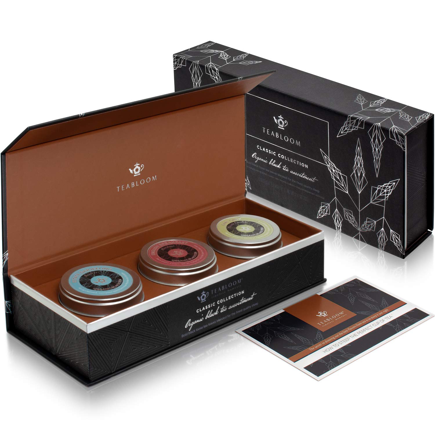 Teabloom USDA Certified Organic Loose Leaf Black Tea Trio Box - Estate Darjeeling Reserve, Earl Grey Private Garden, and English Breakfast Heritage - Classic Collection