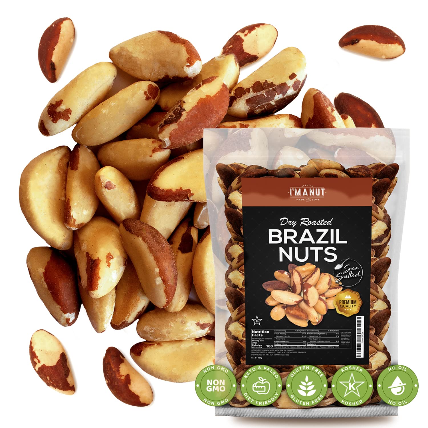 Dry Roasted Brazil Nuts Sea Salted 32 oz (2 Pounds) | No oil | No Herbicides Or Pesticides | Non GMO | No PPO | Vegan and Keto Friendly | Premium Quality | Made from 100% Natural Brazil Nuts