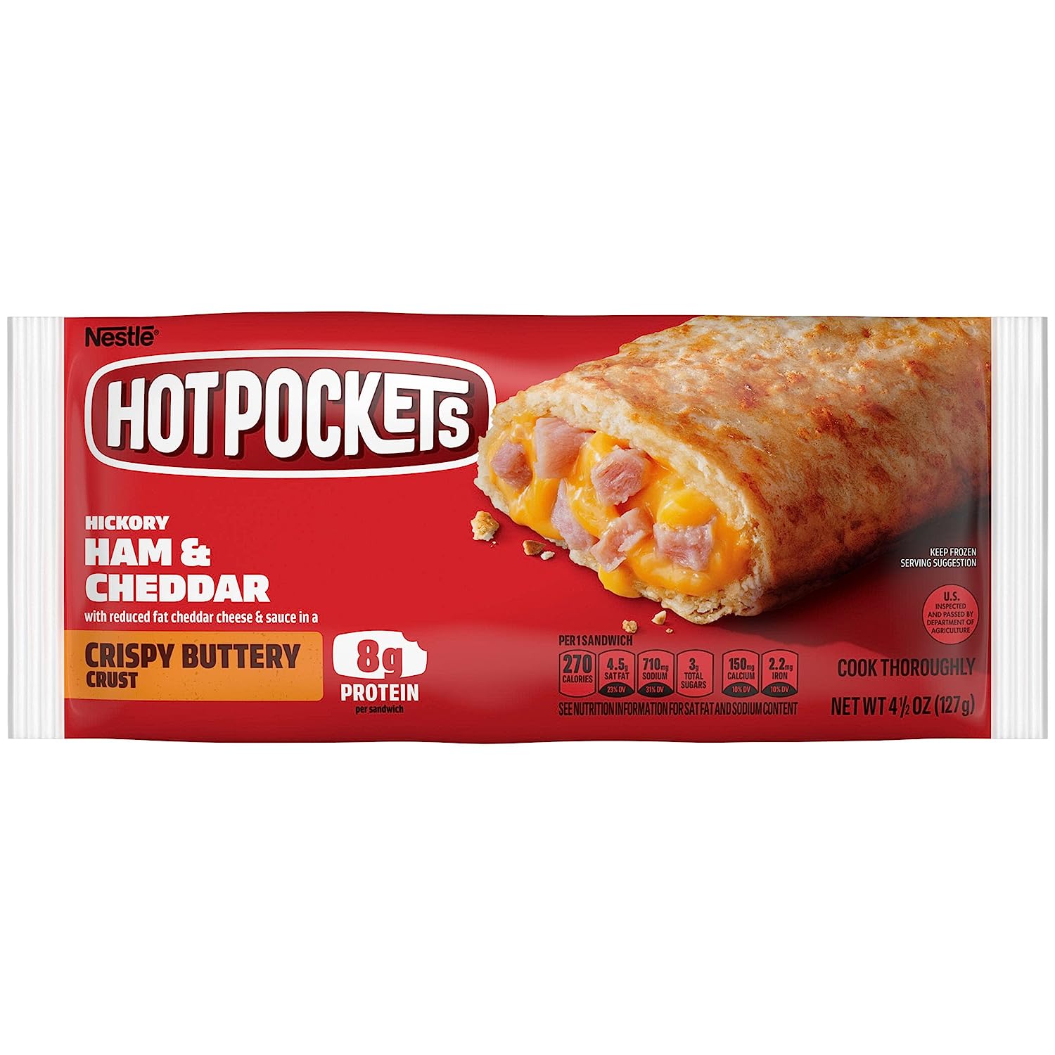 Hot Pockets Hickory Ham Cheddar Frozen Snacks in a Crispy Buttery Crust, Frozen Ham and Cheese Sandwich Made with Real Reduced Fat Cheddar Cheese, 4.5 Oz, 1 Count Frozen Sandwich