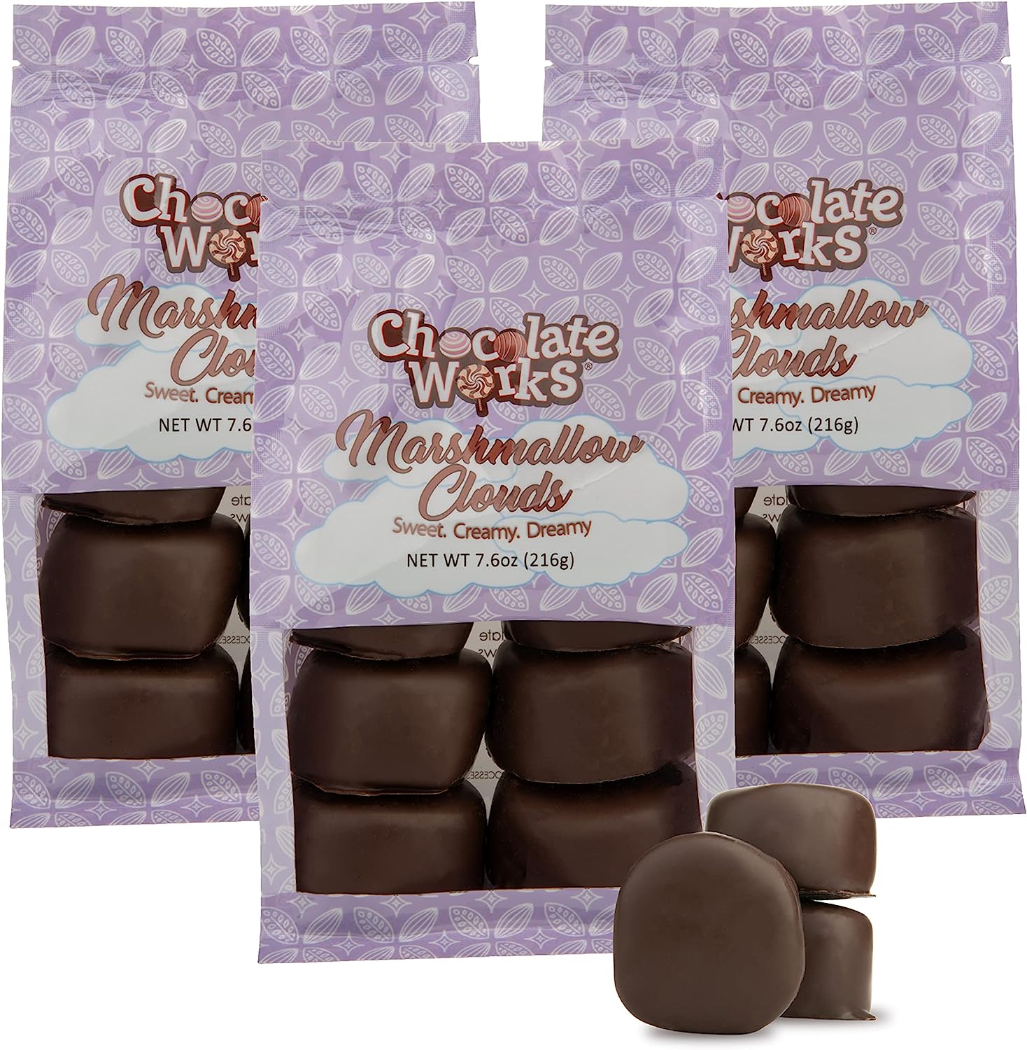 Dark Chocolate Coated Marshmallow Clouds for by Chocolate Works, Gourmet Chocolate Candy Basket Gift, Luxury Belgian Chocolate Treats, 3-Pack, 8 per Bag