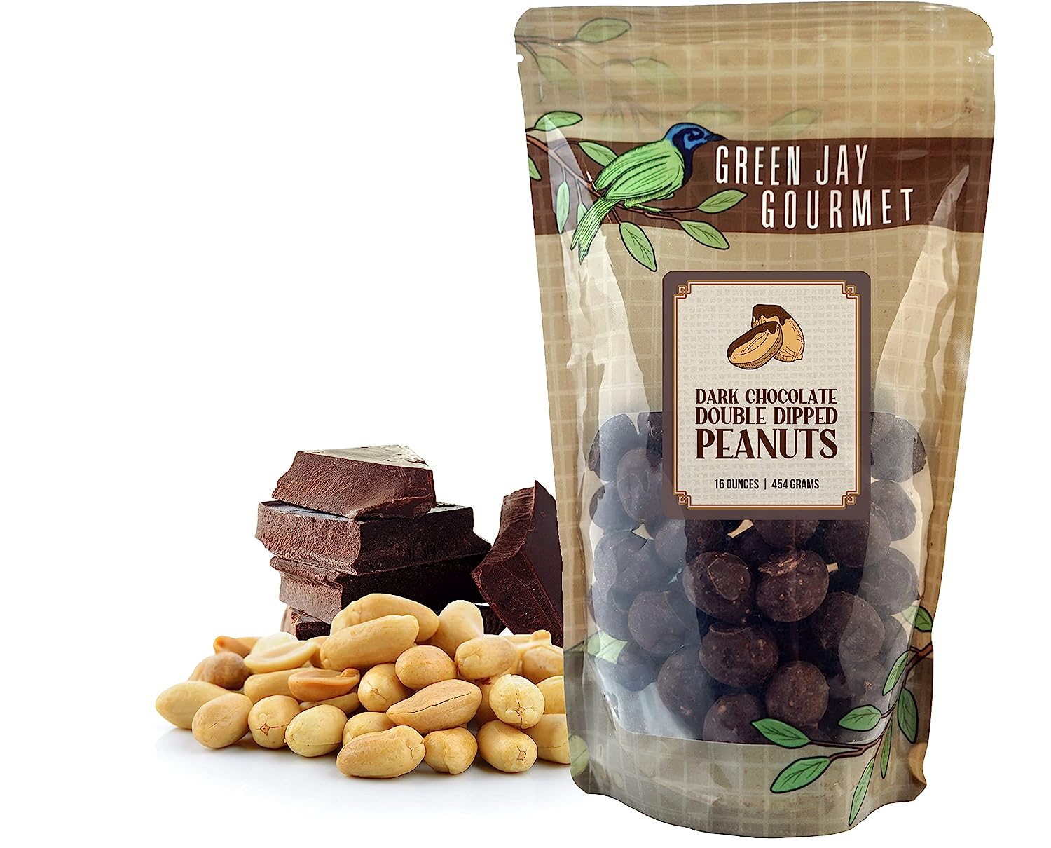 Green Jay Gourmet Double Dipped Dark Chocolate Covered Peanuts - Premium Chocolate Candy Snacks for Kids and Adults - Quality Handmade Chocolate Gifts for Christmas & Holidays - 16 Ounce Resealable Bag