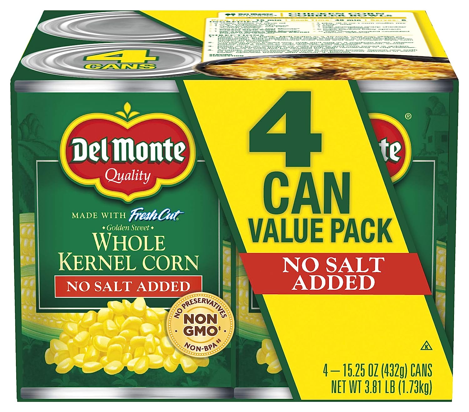 Del Monte Fresh Cut Golden Sweet Whole Kernel Corn With No Added Salt 4-15.25 Oz. Can, 15.25 Oz