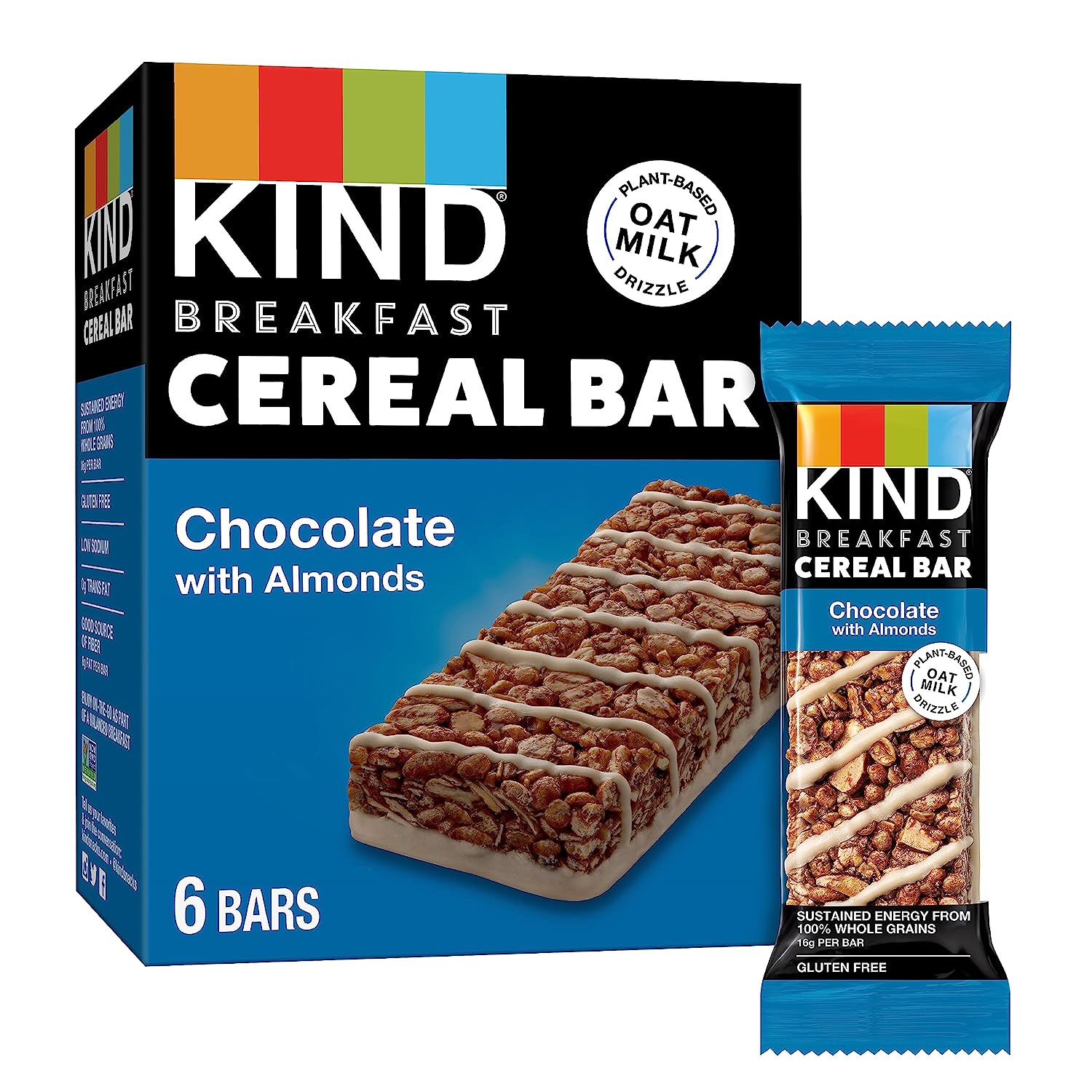 KIND Breakfast Cereal Bars, Gluten Free Snacks, Chocolate with Almonds, 9.3oz Box (6 Bars)