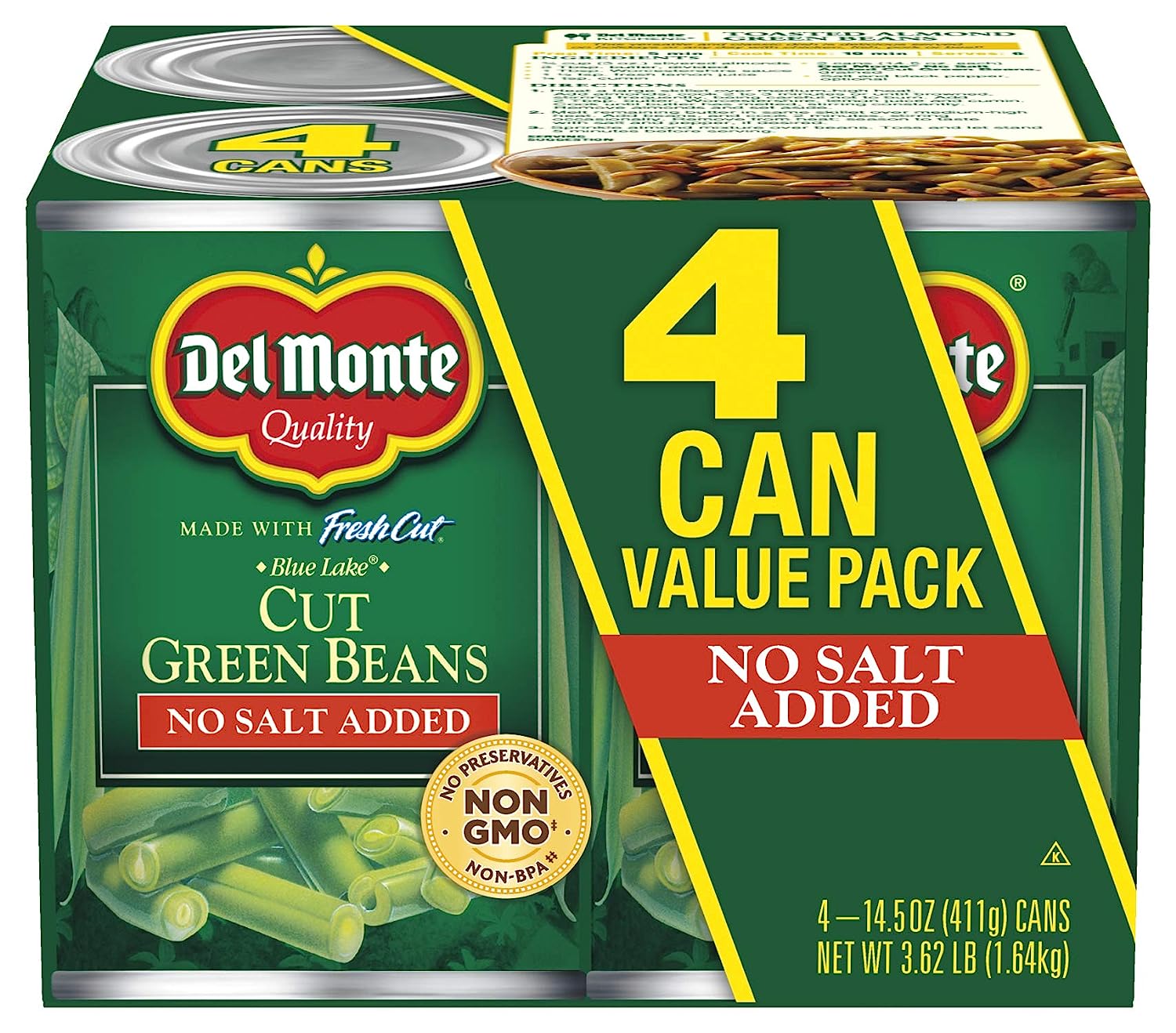 Del Monte Cut Blue Lake Green Beans With No Added Salt 4-14.5 Oz. Can