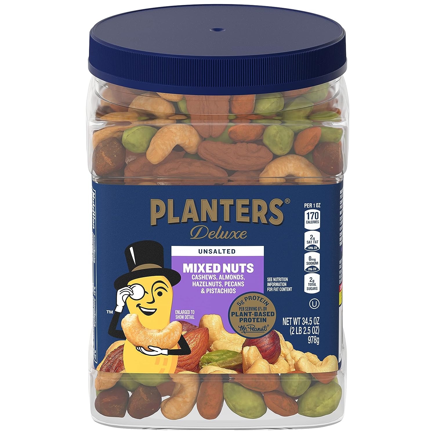 PLANTERS Unsalted Premium Nuts 34.5 oz Resealable Container- Contains Roasted California Pistachios