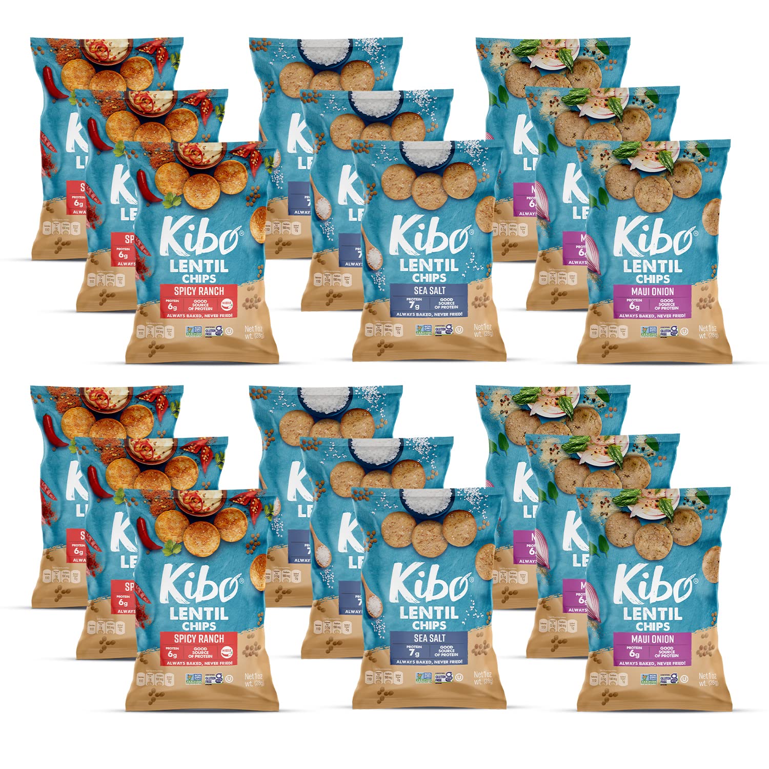 Kibo Lentil Chips Variety Pack - Gluten-Free Vegan Chips - Non-GMO Verified - Plant-Based 28 grams â€“ Maui Onion, Sea Salt, and Spicy Ranch - 18 Pack