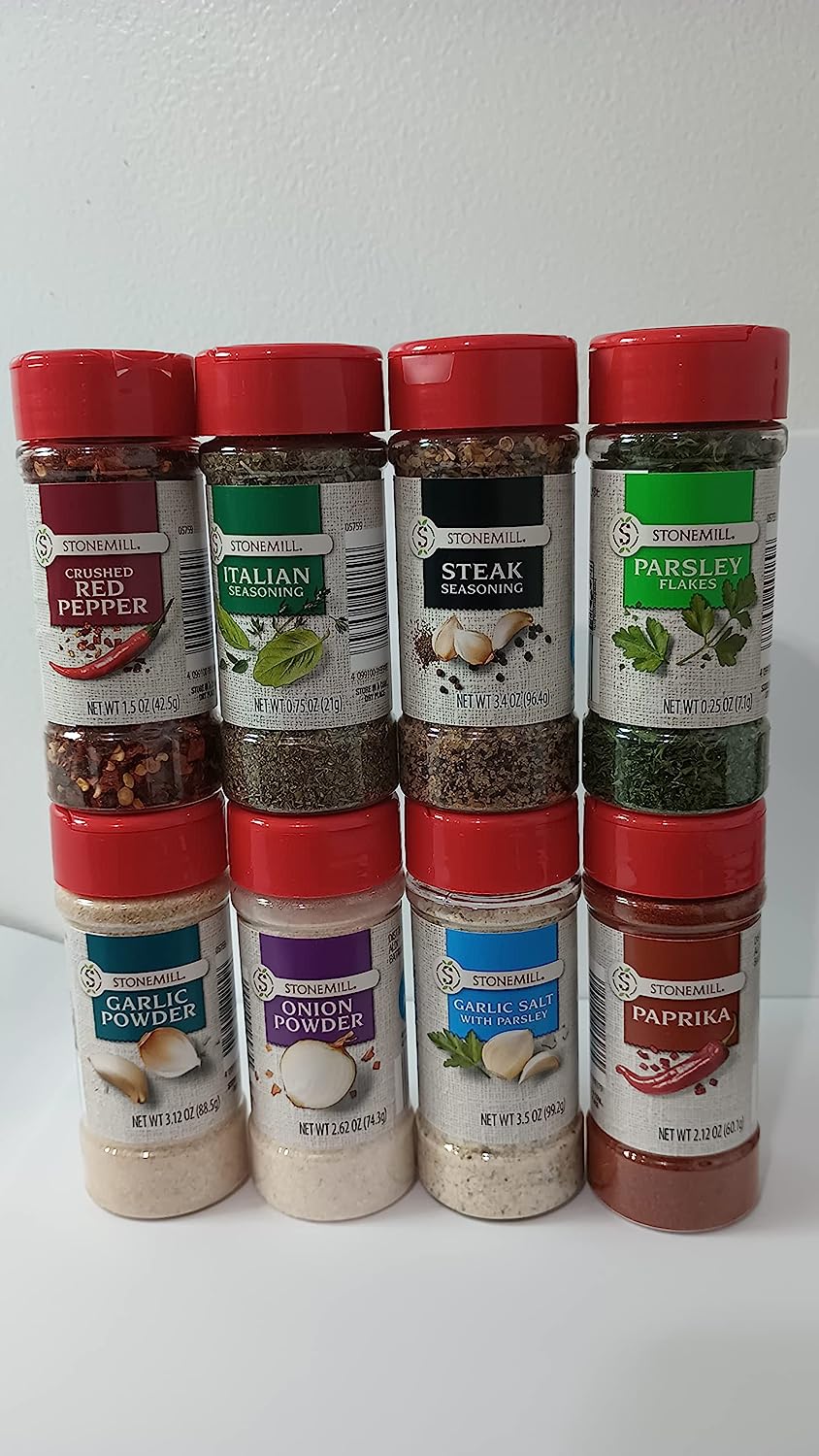 HERBS, SPICE AND SEASONING (ONION POWDRE, PAPRIKA, CRUSHED RED PEPPER, ITALIAN SEASONING, GARLIC SALT WITH PARSLEY, GARLIC POWDER, PARSLEY FLAKES AND STEAK SEASONING)