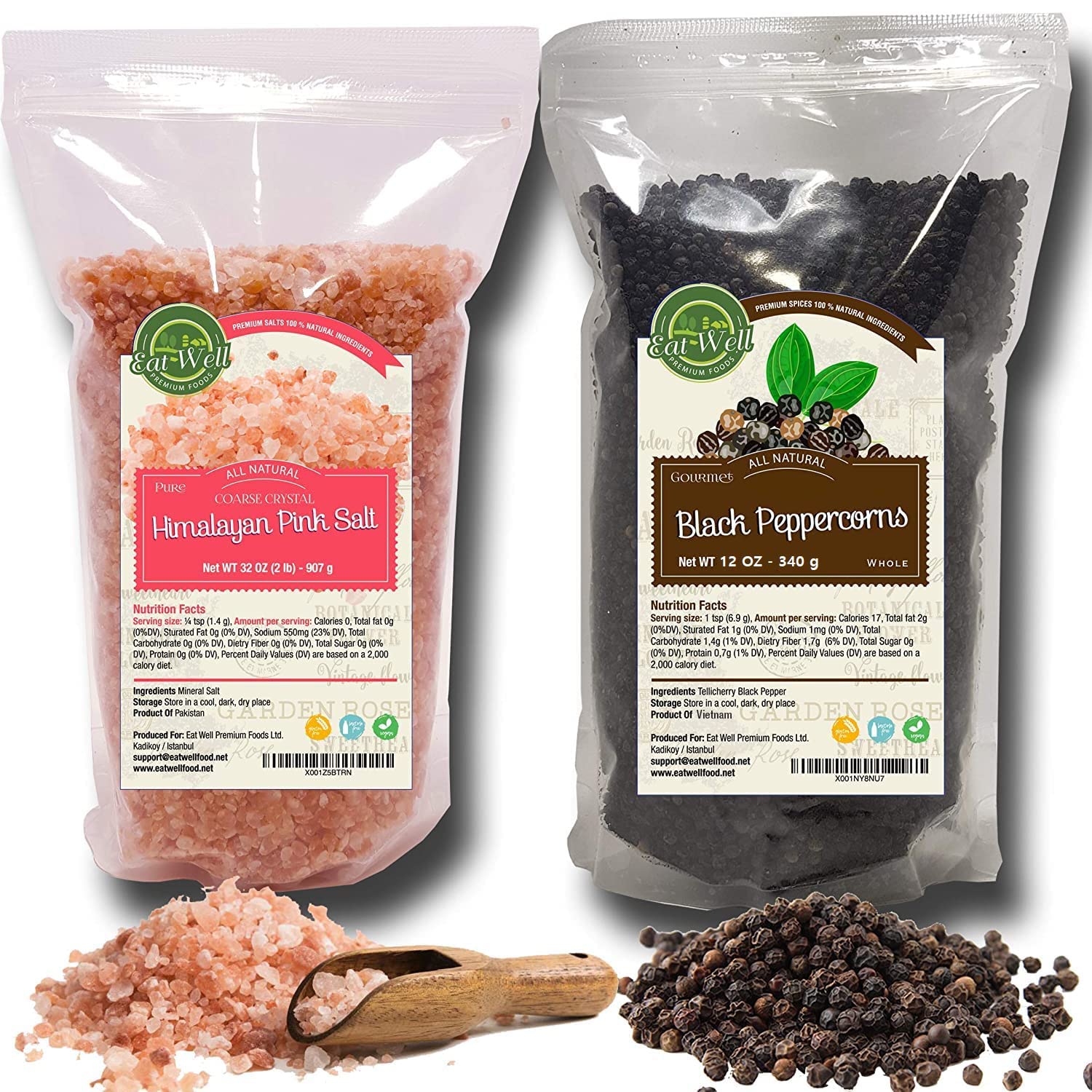 Eat Well Whole Black Peppercorns 12 oz and Coarse Crystal Himalayan Salt 2 lb