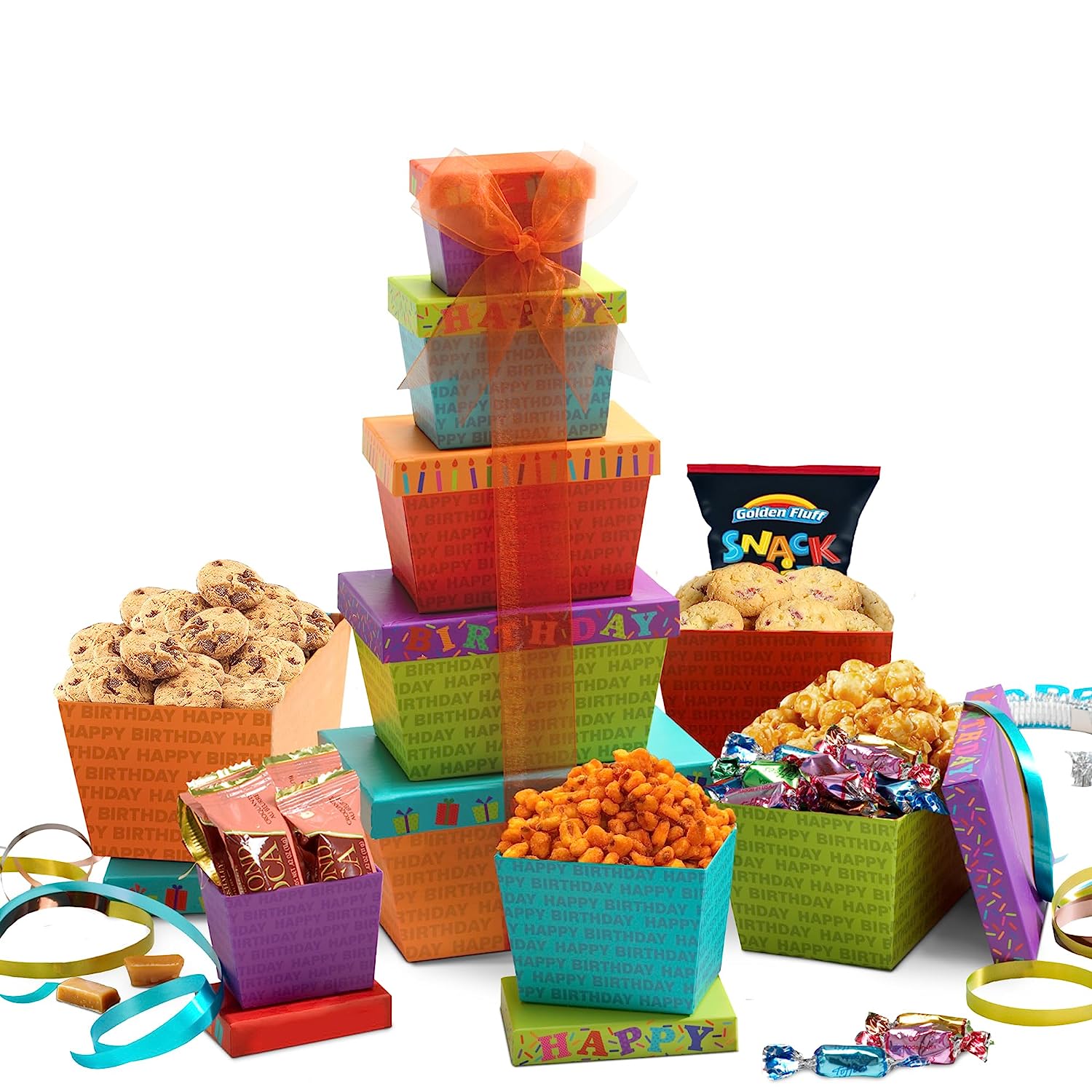 Broadway Basketeers Gourmet Food Gift Basket Tower for Birthdays Curated Snack Box, Sweet and Savory Treats for Parties, Best Wishes, Birthday Presents for Women, Men, Mom, Dad, Her, Him, Families