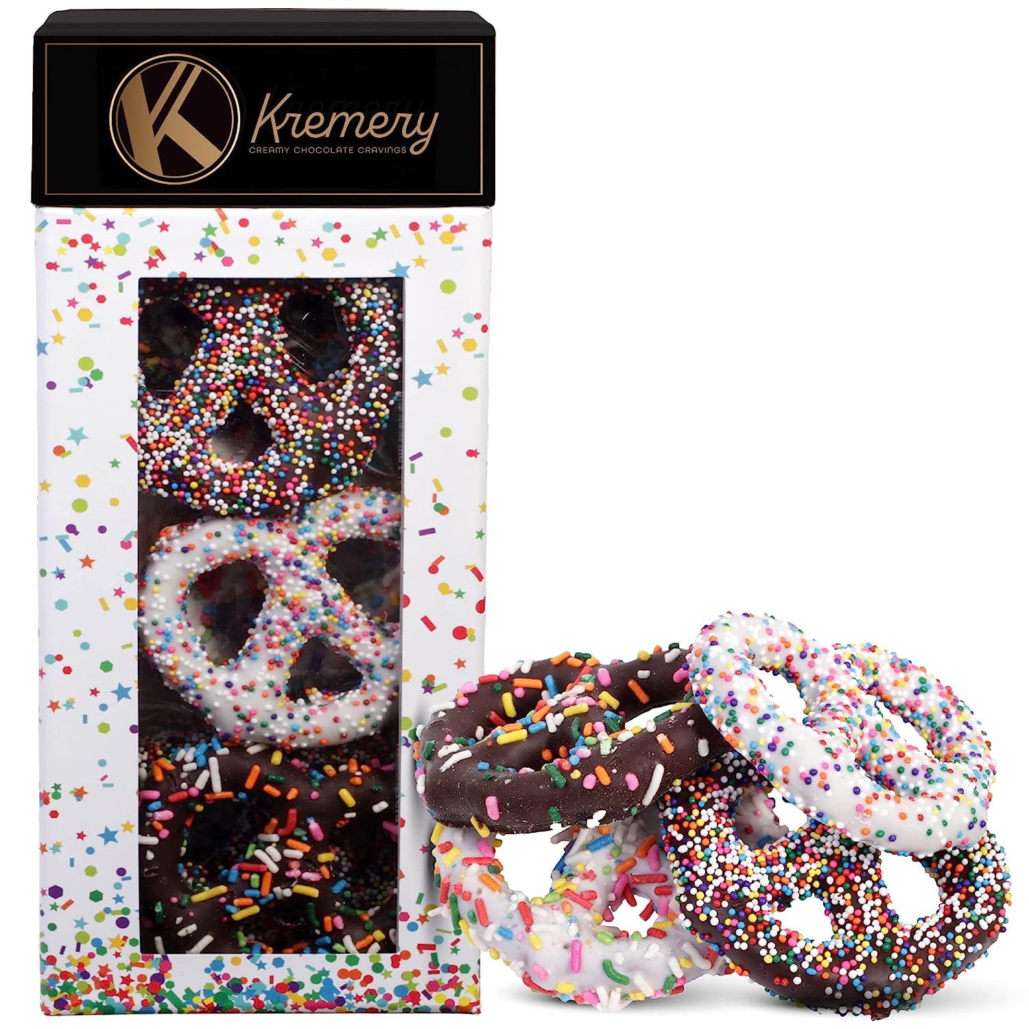 Dark Milk Chocolate Covered Pretzel Twists Gift Basket in Confetti Tower (12 Count) Assorted Sweet Treats Candy Toppings