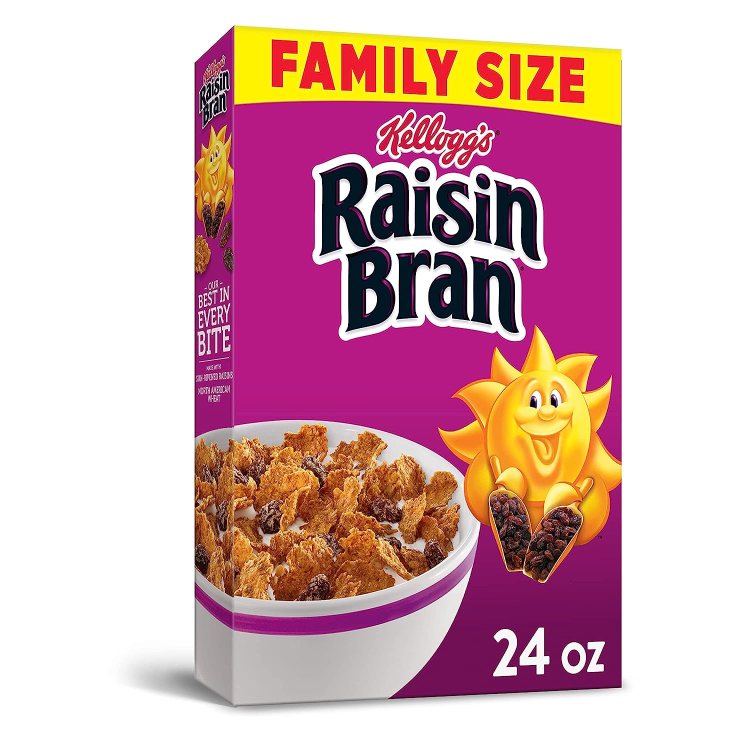 Raisin Bran Breakfast Cereal, High Fiber Cereal, Made with Real Fruit, Family Size, Original, 24oz Box (1 Box)