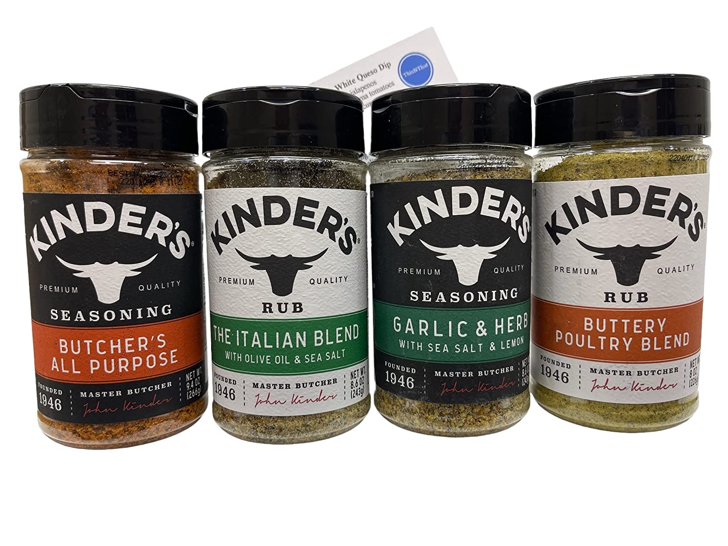 Kinders Premium Quality Seasoning Bundle: Butchers All Purpose, Italian Chop House, Garlic & Herb, Buttery Poultry Blend, & ThisNThat Recipe Card