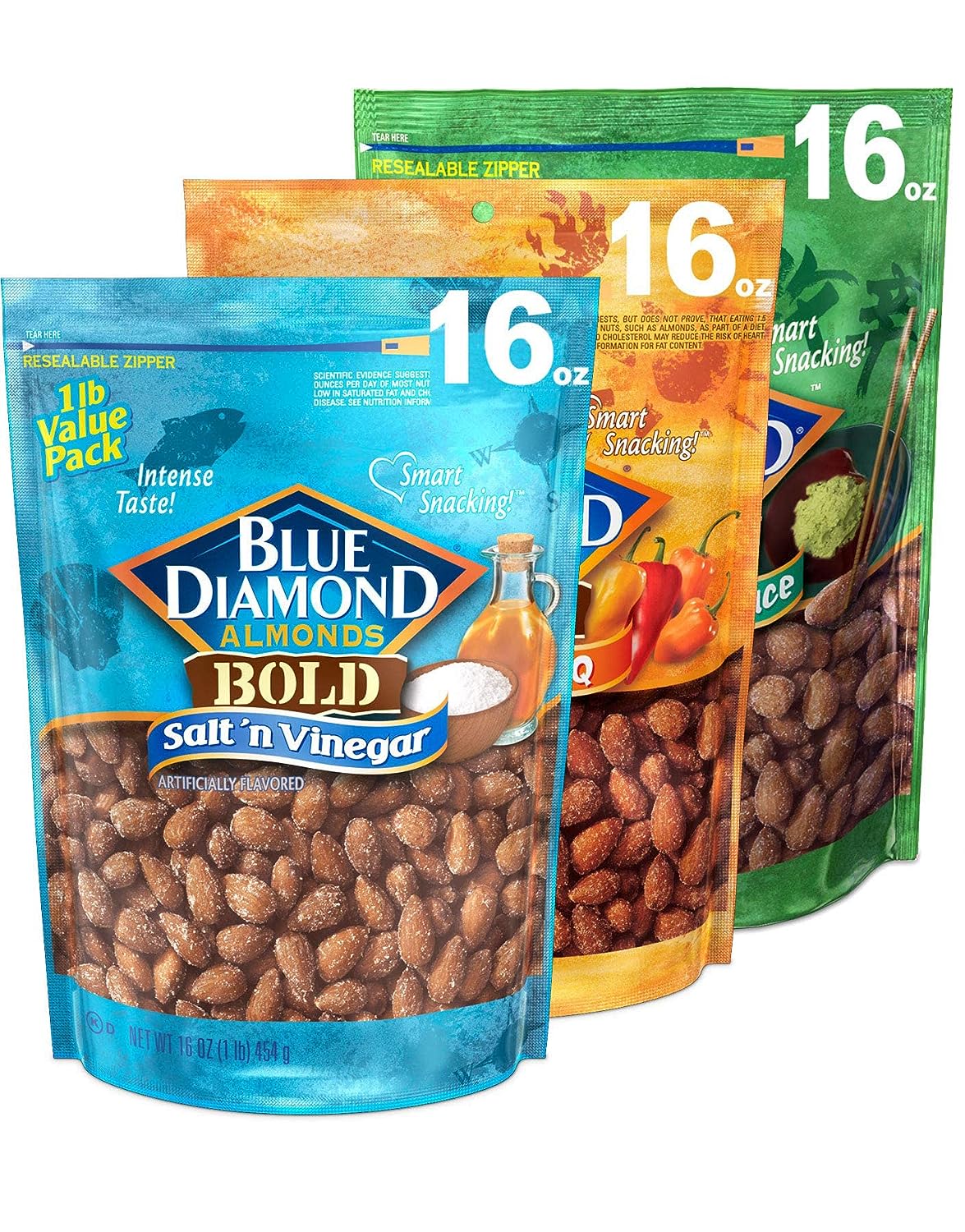 Blue Diamond Almonds Bold Variety Pack - Salt N' Vinegar, Habanero BBQ, and Wasabi & Soy Sauce Flavored Snack Nuts, 16 Oz Resealable Bags (Pack of 3)