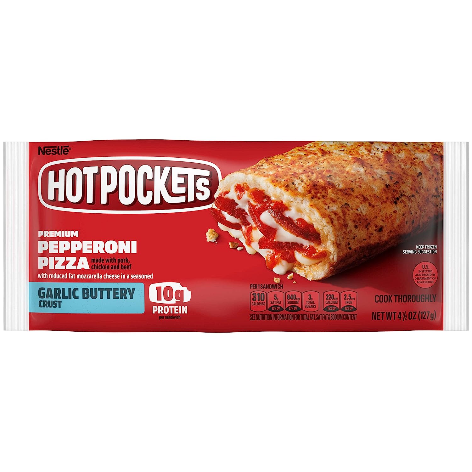 Hot Pockets Pepperoni Pizza Garlic Buttery Crust Frozen Snacks, Pizza Snack Made with Reduced Fat Mozzarella Cheese, 4.5 Oz, 1 Count Frozen Sandwich