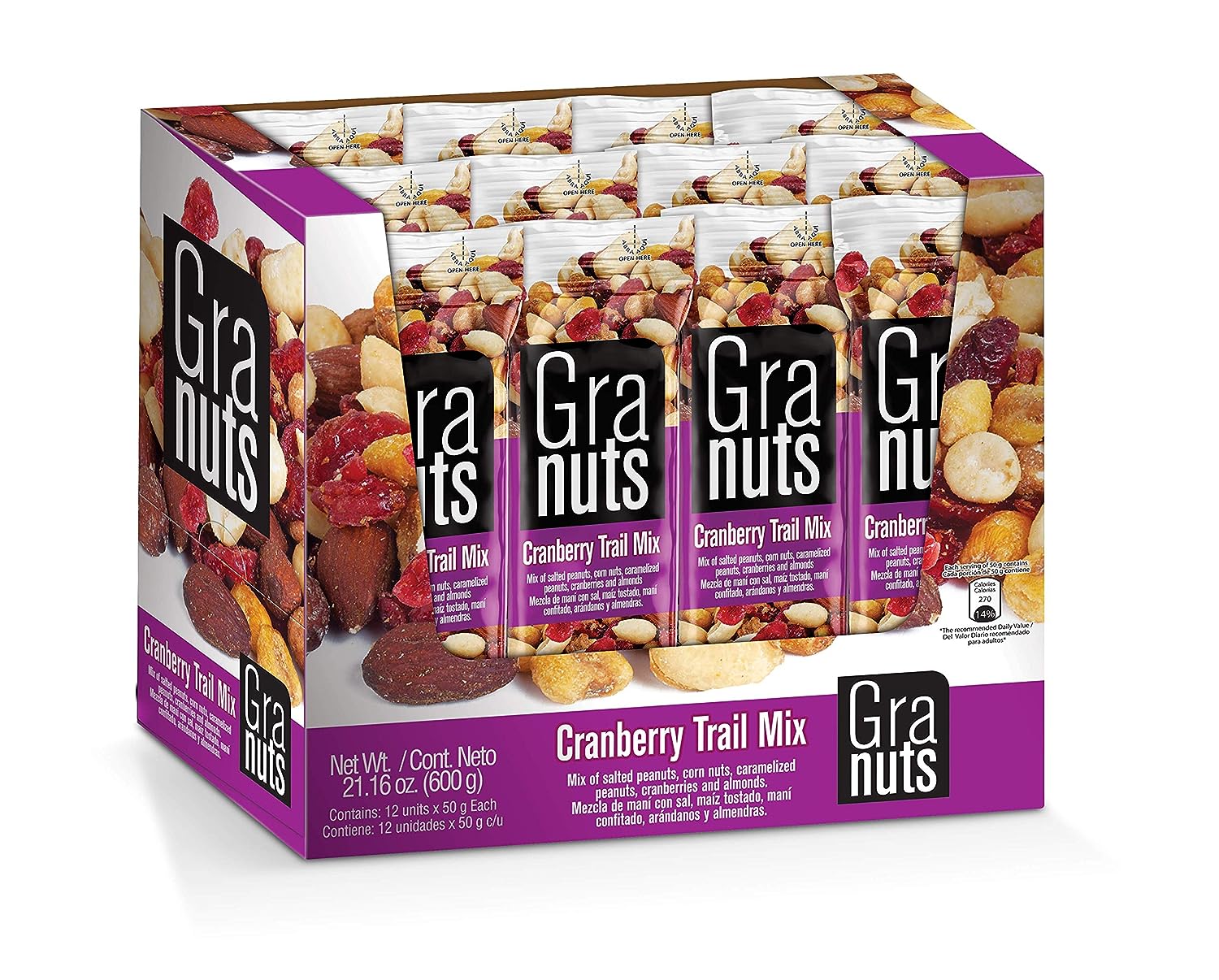 Granuts Cranberry Trail Mix | Caramelized Peanuts | Crunchy Corn Nuts + Almonds | Soft Cranberries | Salty + Sweet Flavors | On-the-Go Snack | 1.76 Oz (12 Inner Packs)