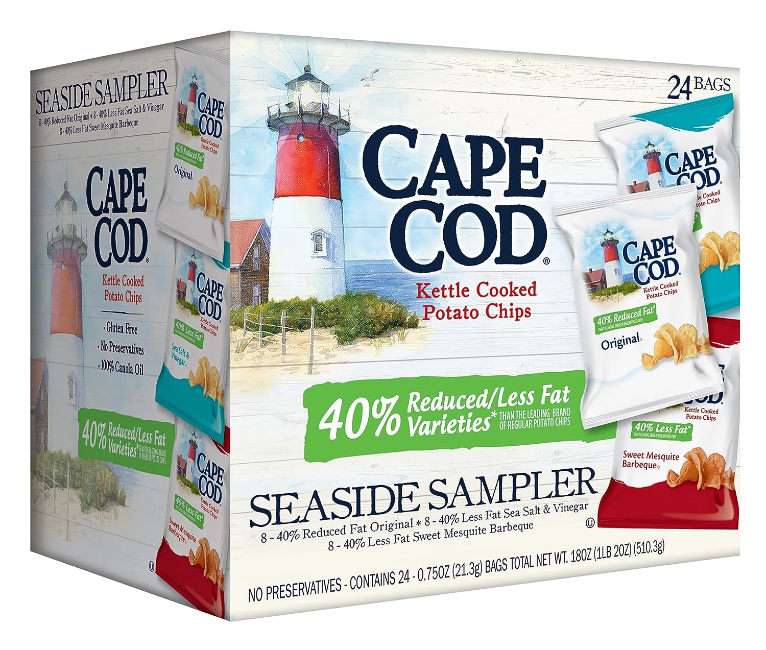 Cape Cod Potato Chips, Reduced Fat Kettle Cooked, Seaside Sampler (24 Count) Variety Pack